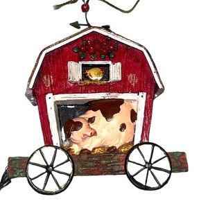 Christmas Ornament Holiday Time‎ Pull Cart W/ Pig & Barn Rustic Farmhouse Hen